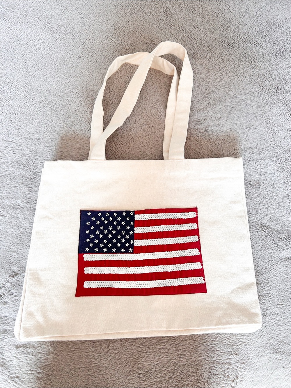 Canvas Tote with American Flag Patch - Cream and Red/Blue